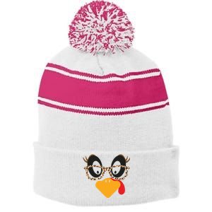 Turkey Face Glasses Turkey Thanksgiving Stripe Pom Pom Beanie