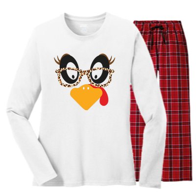 Turkey Face Glasses Turkey Thanksgiving Women's Long Sleeve Flannel Pajama Set 