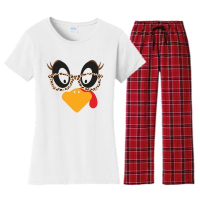 Turkey Face Glasses Turkey Thanksgiving Women's Flannel Pajama Set