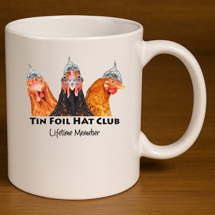 Tin Foil Hat Club Member Chickens Funny Conspiracy Theorist 11oz C Handle Ceramic Mug