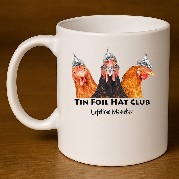 Tin Foil Hat Club Member Chickens Funny Conspiracy Theorist 11oz C Handle Ceramic Mug