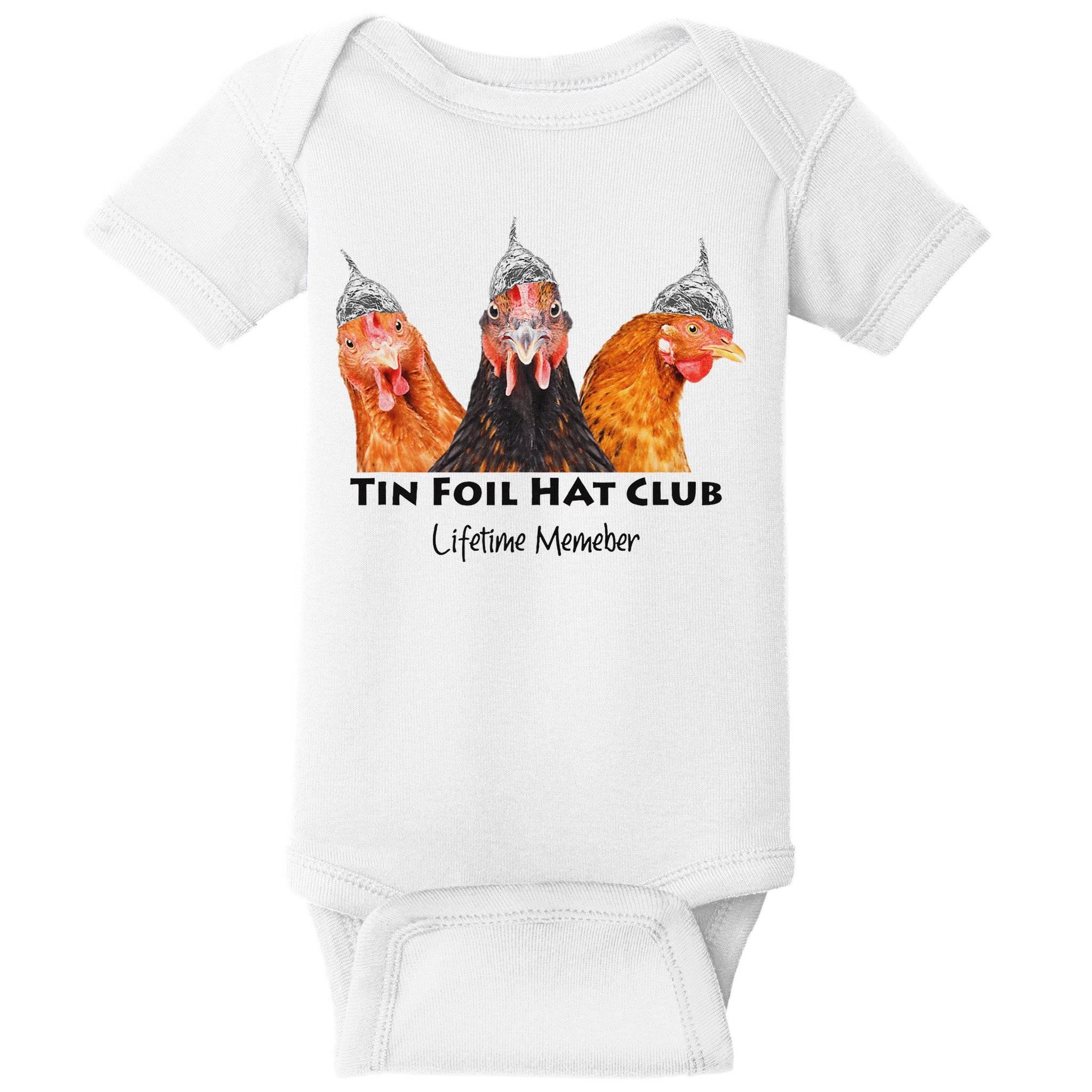 Tin Foil Hat Club Member Chickens Funny Conspiracy Theorist Baby Bodysuit