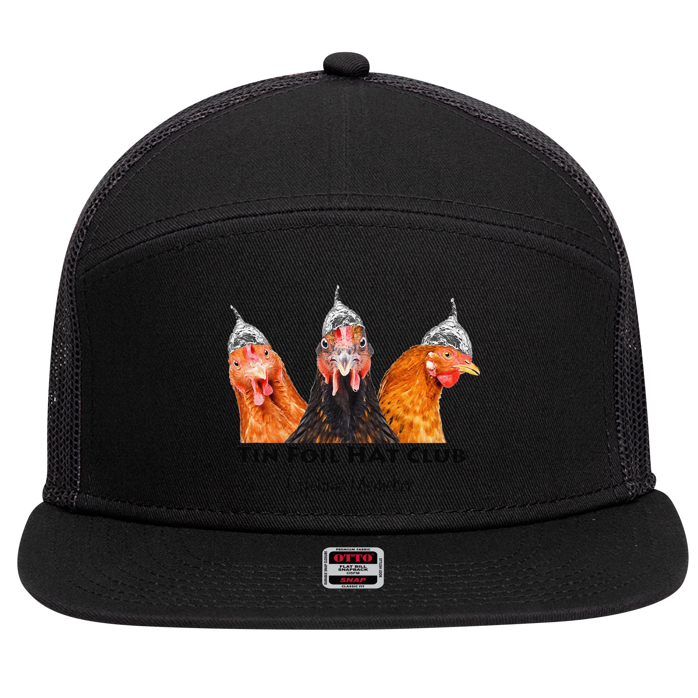 Tin Foil Hat Club Member Chickens Funny Conspiracy Theorist 7 Panel Mesh Trucker Snapback Hat