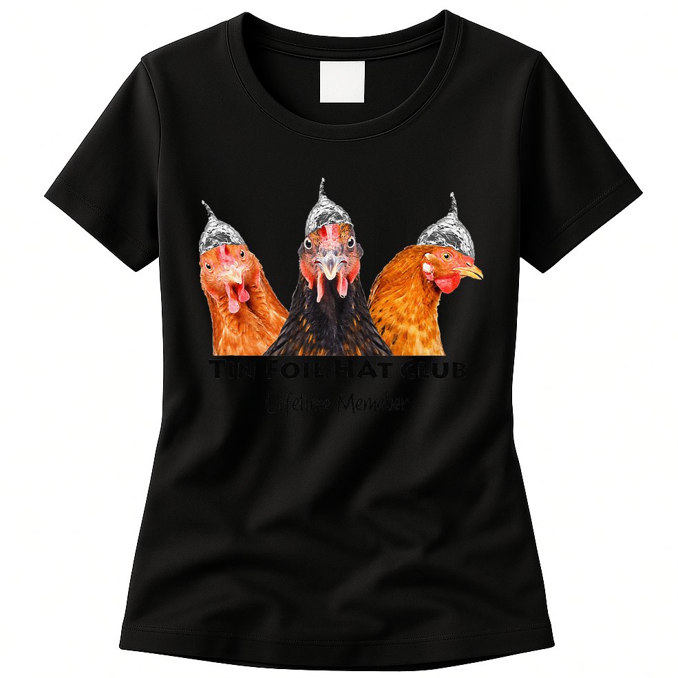 Tin Foil Hat Club Member Chickens Funny Conspiracy Theorist Womens T-Shirt