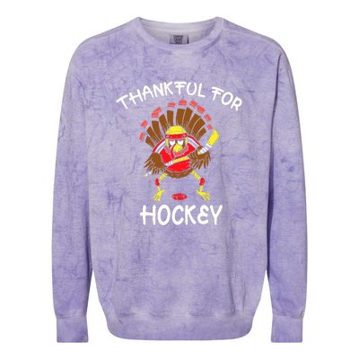 Thankful For Hockey Thanksgiving Funny Turkey Playing Hockey Colorblast Crewneck Sweatshirt