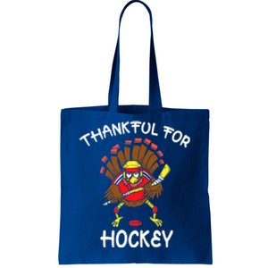 Thankful For Hockey Thanksgiving Funny Turkey Playing Hockey Tote Bag