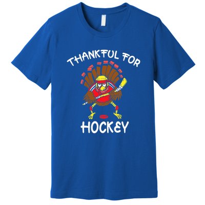 Thankful For Hockey Thanksgiving Funny Turkey Playing Hockey Premium T-Shirt