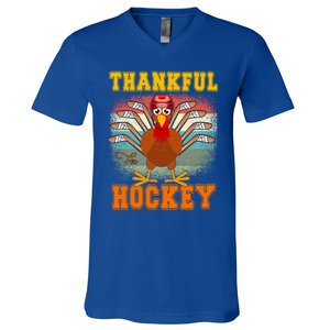 Thankful For Hockey Funny Turkey Ice Hockey Thanksgiving Gift V-Neck T-Shirt