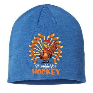 Thankful For Hockey Funny Turkey Thanksgiving Hockey Lover Cute Gift Sustainable Beanie