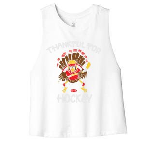 Thankful For Hockey Turkey Sport Love Thanksgiving Hockey Meaningful Gift Women's Racerback Cropped Tank