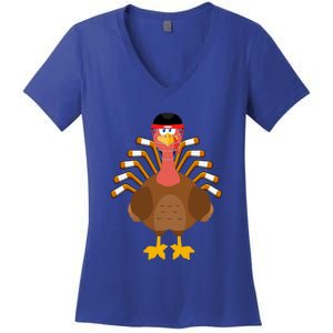 Thankful For Hockey Thanksgiving Funny Turkey Ice Hockey Gift Women's V-Neck T-Shirt