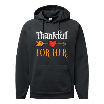 Thankful For Her Arrow Thanksgiving Matching Couple Performance Fleece Hoodie