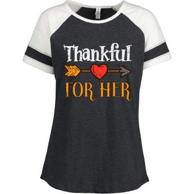 Thankful For Her Arrow Thanksgiving Matching Couple Enza Ladies Jersey Colorblock Tee