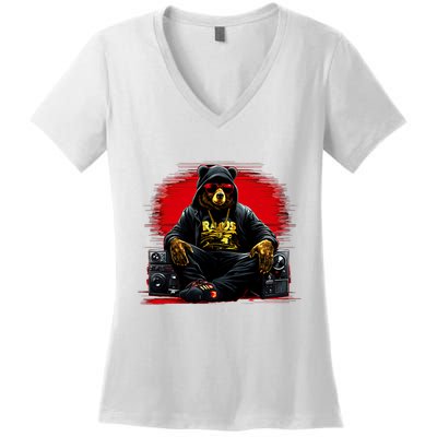 Teddy Fashion Hip Hop Bear Music Trap Rap Women's V-Neck T-Shirt