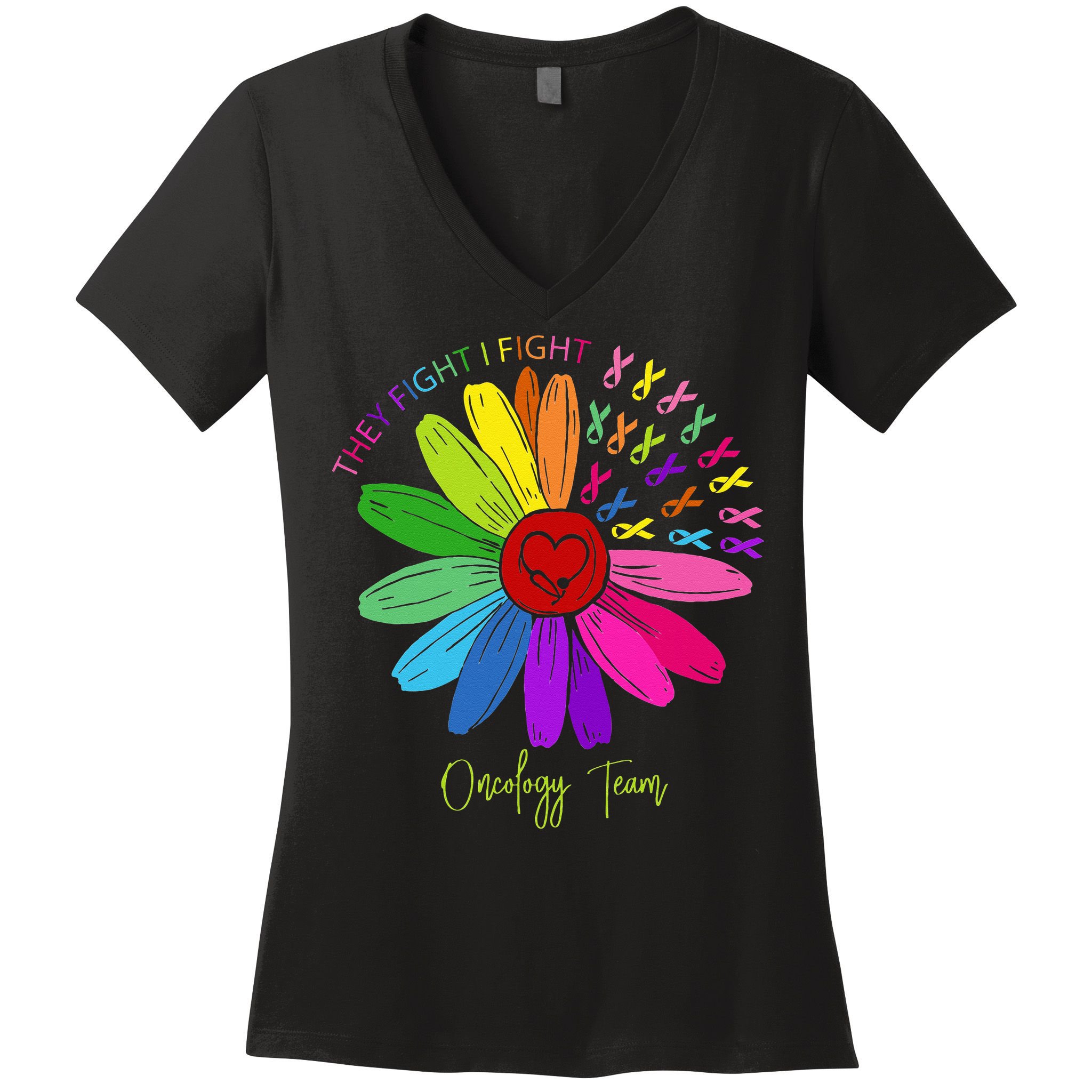 They Fight I Fight Oncology Team Sunflower Oncology Nurse Women's V-Neck T-Shirt