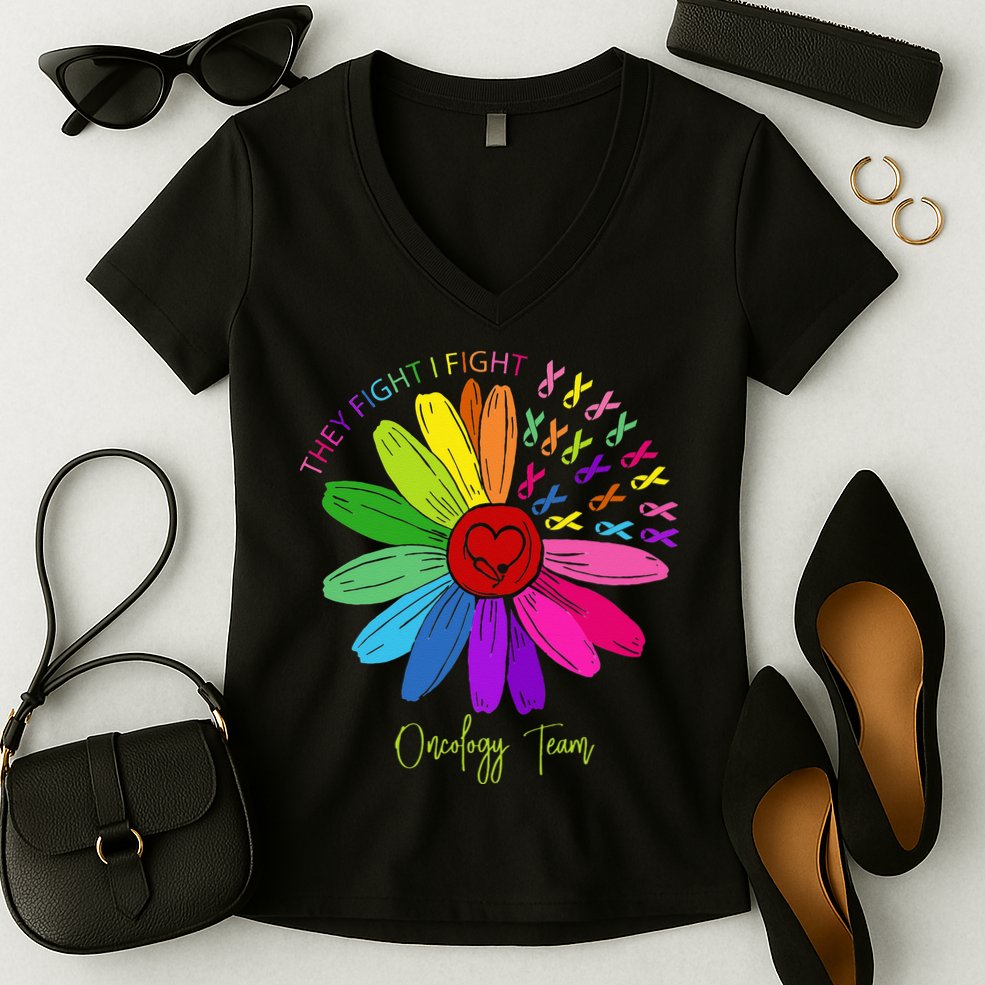 They Fight I Fight Oncology Team Sunflower Oncology Nurse Women's V-Neck T-Shirt