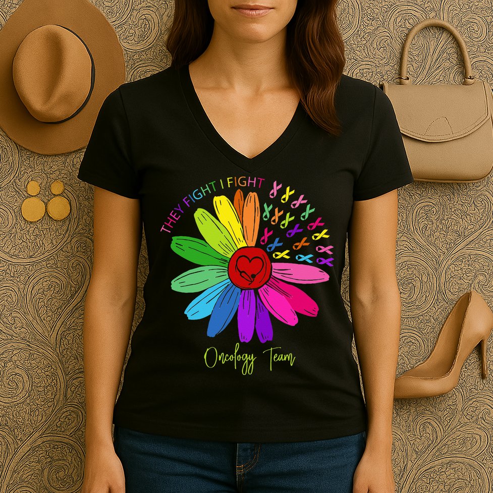 They Fight I Fight Oncology Team Sunflower Oncology Nurse Women's V-Neck T-Shirt