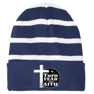 Turn Fear Into Faith Cross Striped Beanie with Solid Band