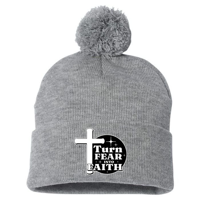 Turn Fear Into Faith Cross Pom Pom 12in Knit Beanie