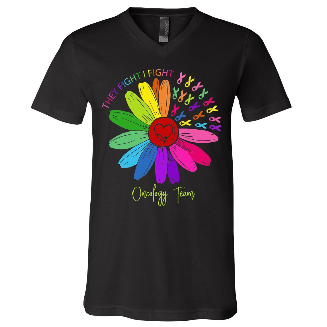 They Fight I Fight Oncology Team Sunflower Oncology Nurse V-Neck T-Shirt