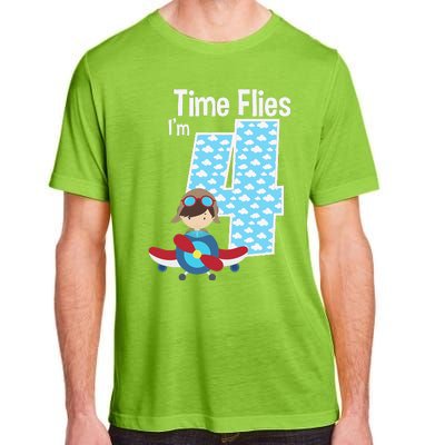 Time Flies I'm 4 4th Birthday Airplane Plane Pilot Flying Adult ChromaSoft Performance T-Shirt