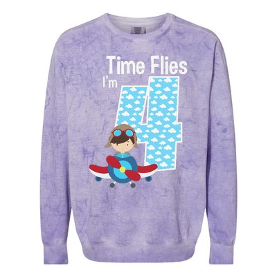 Time Flies I'm 4 4th Birthday Airplane Plane Pilot Flying Colorblast Crewneck Sweatshirt