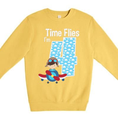 Time Flies I'm 4 4th Birthday Airplane Plane Pilot Flying Premium Crewneck Sweatshirt