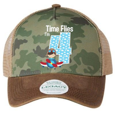 Time Flies I'm 4 4th Birthday Airplane Plane Pilot Flying Legacy Tie Dye Trucker Hat