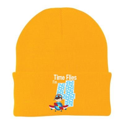 Time Flies I'm 4 4th Birthday Airplane Plane Pilot Flying Knit Cap Winter Beanie