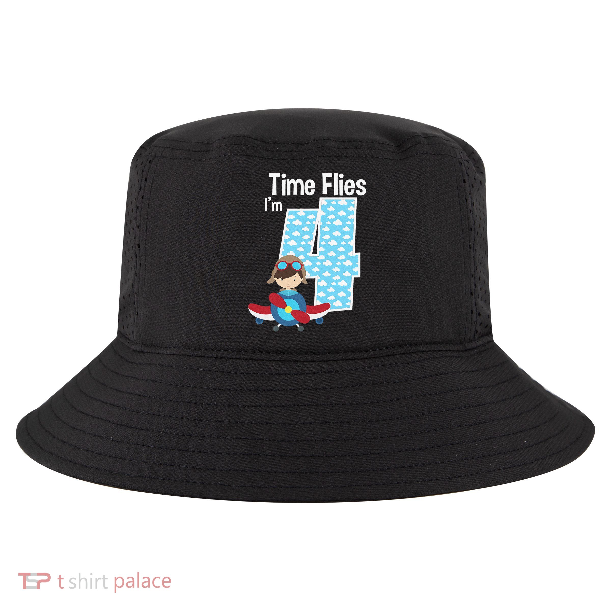 Time Flies I'm 4 4th Birthday Airplane Plane Pilot Flying Cool Comfort Performance Bucket Hat