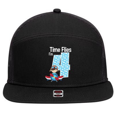 Time Flies I'm 4 4th Birthday Airplane Plane Pilot Flying 7 Panel Mesh Trucker Snapback Hat