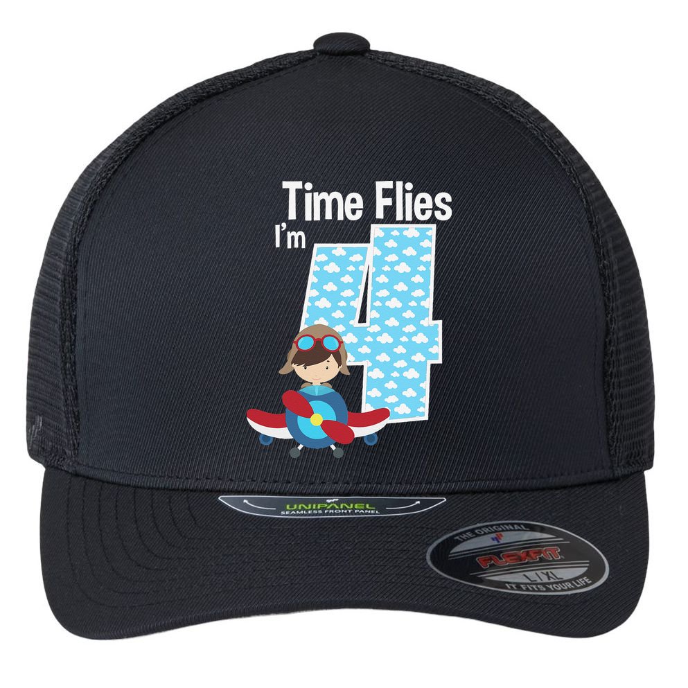Time Flies I'm 4 4th Birthday Airplane Plane Pilot Flying Flexfit Unipanel Trucker Cap