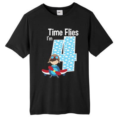 Time Flies I'm 4 4th Birthday Airplane Plane Pilot Flying Tall Fusion ChromaSoft Performance T-Shirt