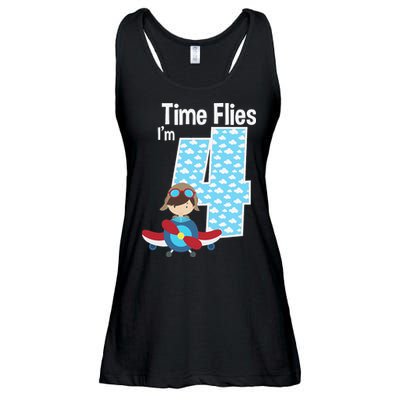 Time Flies I'm 4 4th Birthday Airplane Plane Pilot Flying Ladies Essential Flowy Tank