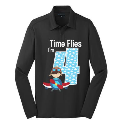 Time Flies I'm 4 4th Birthday Airplane Plane Pilot Flying Silk Touch Performance Long Sleeve Polo