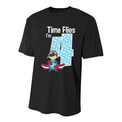 Time Flies I'm 4 4th Birthday Airplane Plane Pilot Flying Youth Performance Sprint T-Shirt
