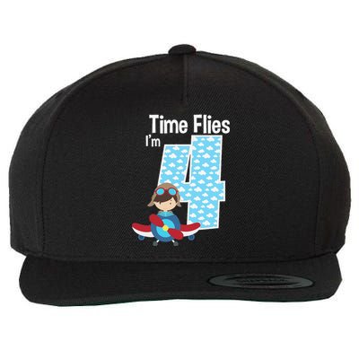 Time Flies I'm 4 4th Birthday Airplane Plane Pilot Flying Wool Snapback Cap