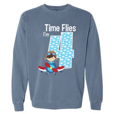 Time Flies I'm 4 4th Birthday Airplane Plane Pilot Flying Garment-Dyed Sweatshirt