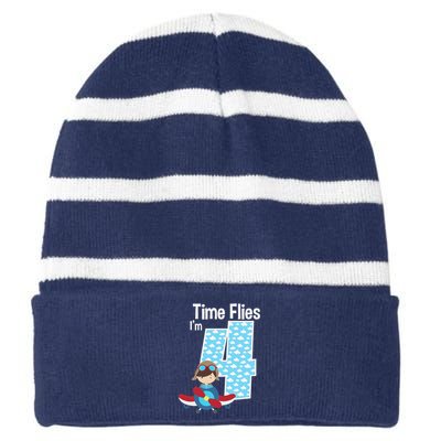 Time Flies I'm 4 4th Birthday Airplane Plane Pilot Flying Striped Beanie with Solid Band