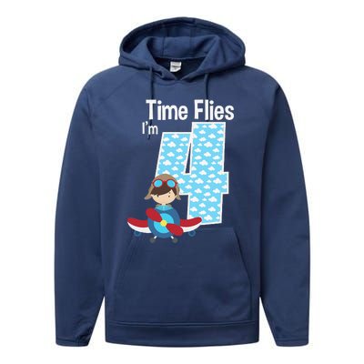 Time Flies I'm 4 4th Birthday Airplane Plane Pilot Flying Performance Fleece Hoodie