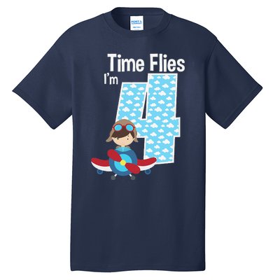 Time Flies I'm 4 4th Birthday Airplane Plane Pilot Flying Tall T-Shirt