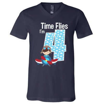 Time Flies I'm 4 4th Birthday Airplane Plane Pilot Flying V-Neck T-Shirt