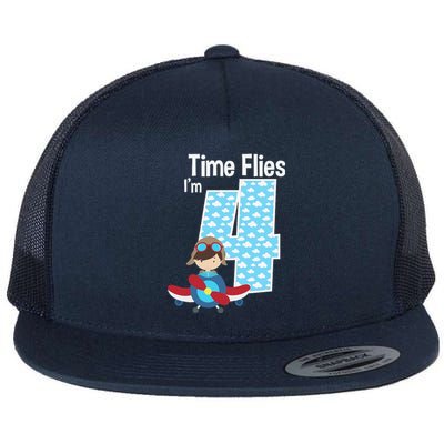 Time Flies I'm 4 4th Birthday Airplane Plane Pilot Flying Flat Bill Trucker Hat