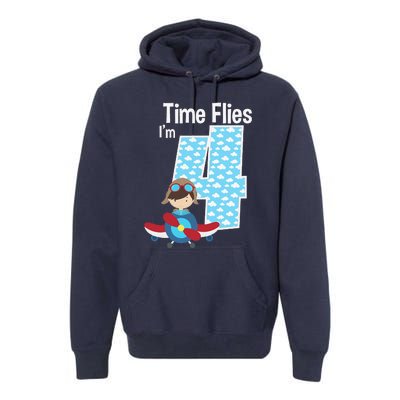 Time Flies I'm 4 4th Birthday Airplane Plane Pilot Flying Premium Hoodie