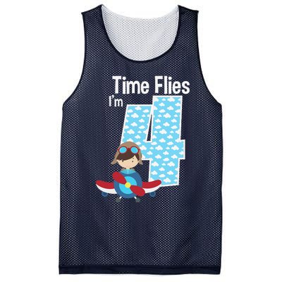 Time Flies I'm 4 4th Birthday Airplane Plane Pilot Flying Mesh Reversible Basketball Jersey Tank