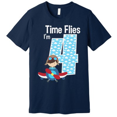 Time Flies I'm 4 4th Birthday Airplane Plane Pilot Flying Premium T-Shirt