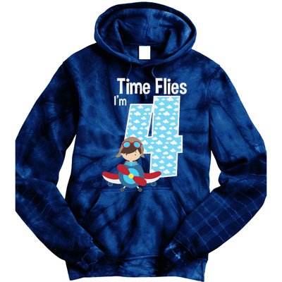 Time Flies I'm 4 4th Birthday Airplane Plane Pilot Flying Tie Dye Hoodie