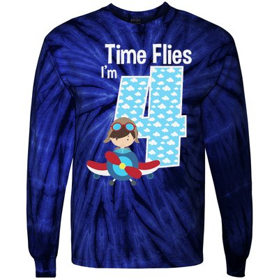 Time Flies I'm 4 4th Birthday Airplane Plane Pilot Flying Tie-Dye Long Sleeve Shirt