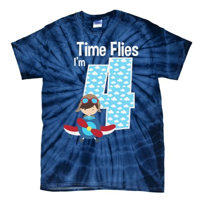 Time Flies I'm 4 4th Birthday Airplane Plane Pilot Flying Tie-Dye T-Shirt