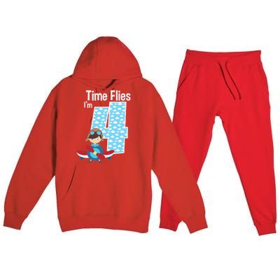 Time Flies I'm 4 4th Birthday Airplane Plane Pilot Flying Premium Hooded Sweatsuit Set